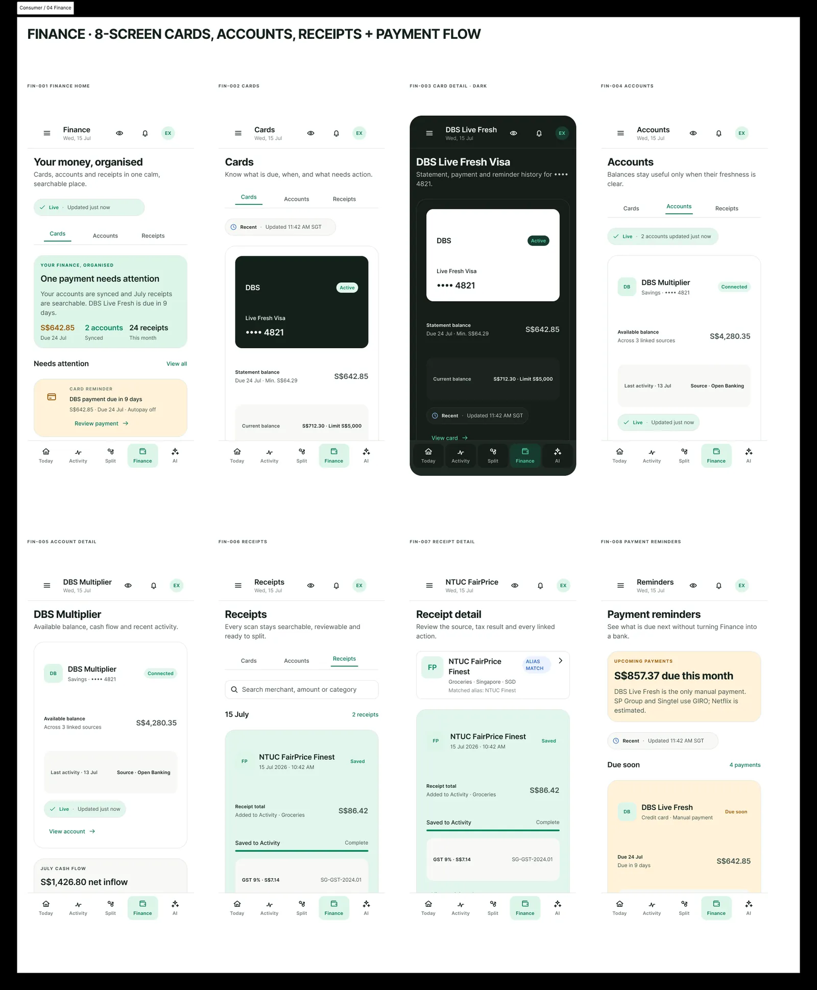 Finance — 8-screen flow