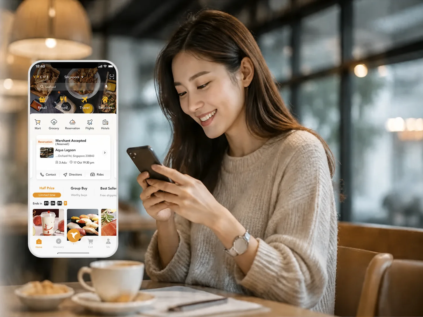 Using the app at a cafe
