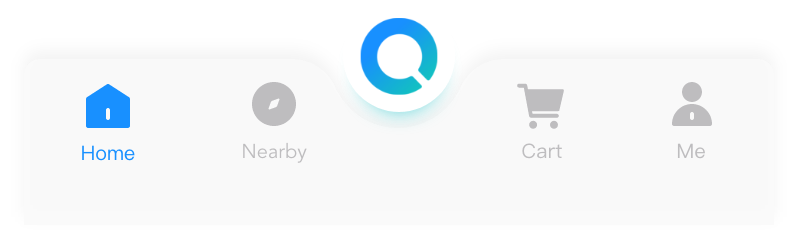 Petal bottom navigation — Home · Nearby · Search · Cart · Me