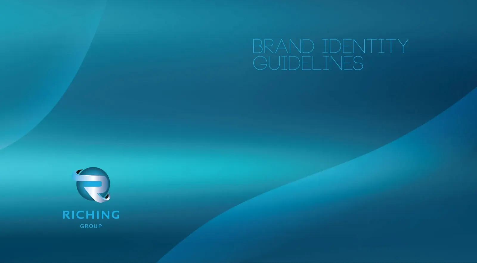 Brand guidelines cover — Riching Group Power Core logo on teal wave background