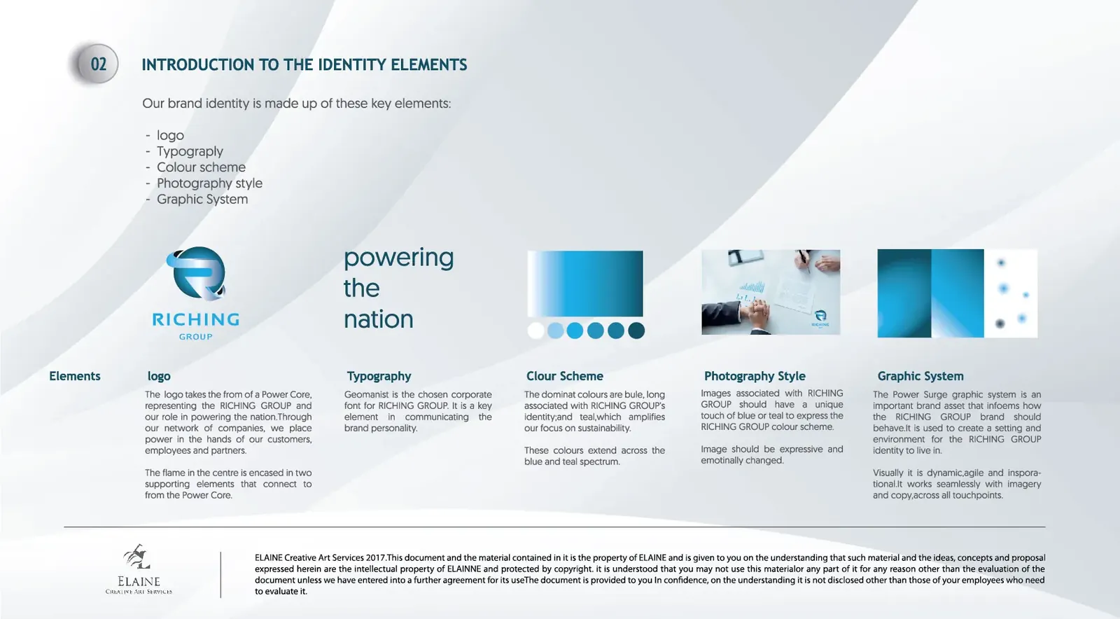 Section 02 — identity elements: logo, Geomanist typography, colour, photography and graphic system