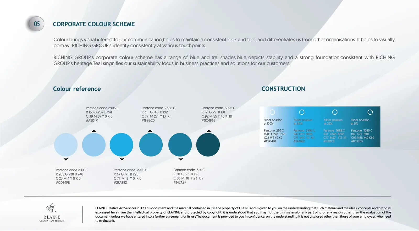 Section 05 — corporate colour scheme, six swatches from ice blue to deep teal with full specs