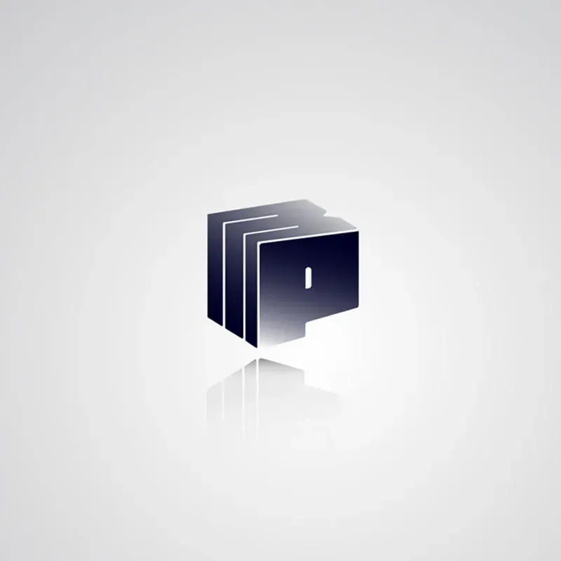 Isometric navy P cube lettermark with page-stack fins