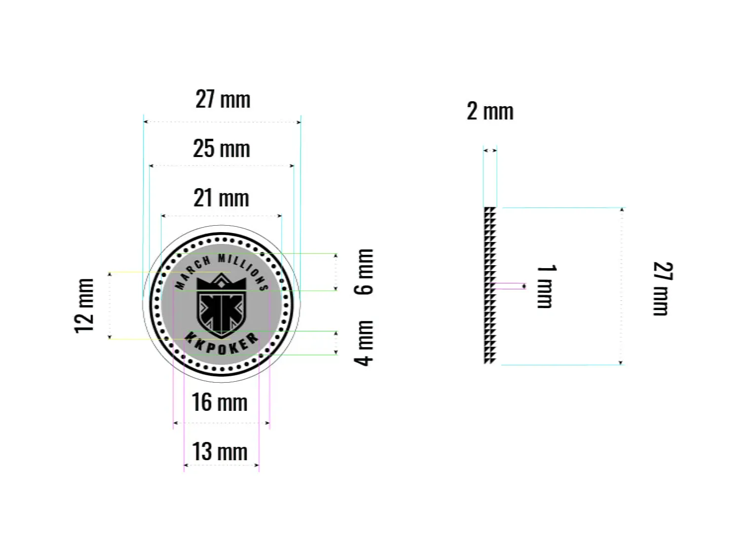 Engineering spec drawing of the gold coin with millimetre callouts
