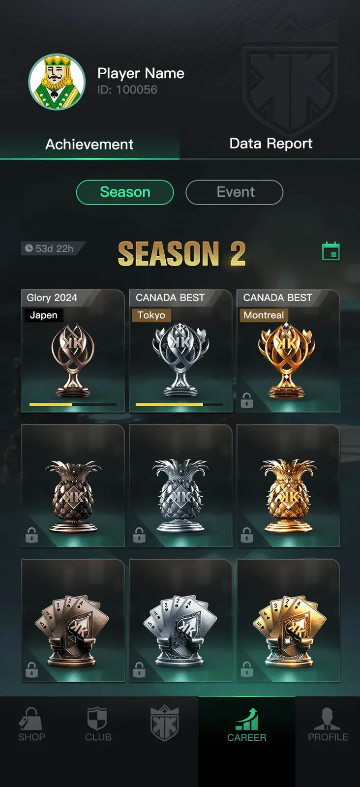 Career season achievements with progress