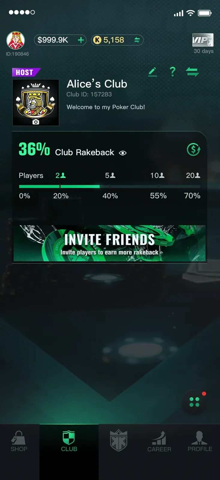 Club tab, first iteration