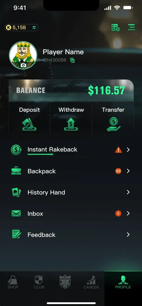 Profile tab with balance and actions