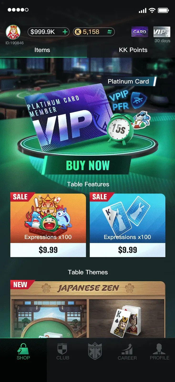Shop tab with VIP hero and theme packs