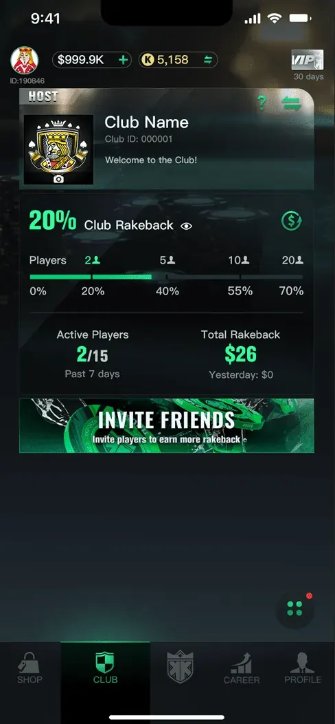 Club tab with rakeback tiers and activity stats
