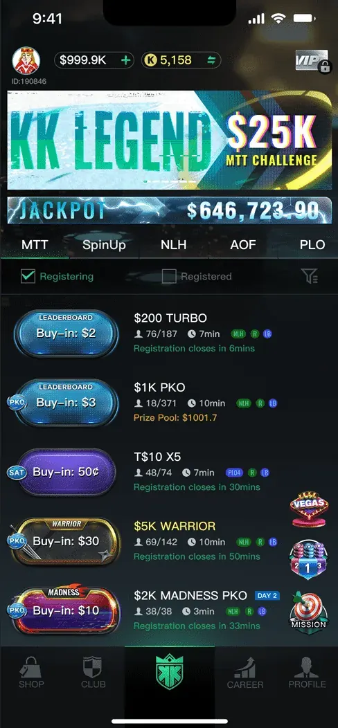 Tournament lobby with jackpot ticker