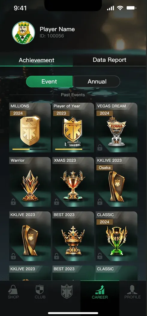 Career trophy wall of past events