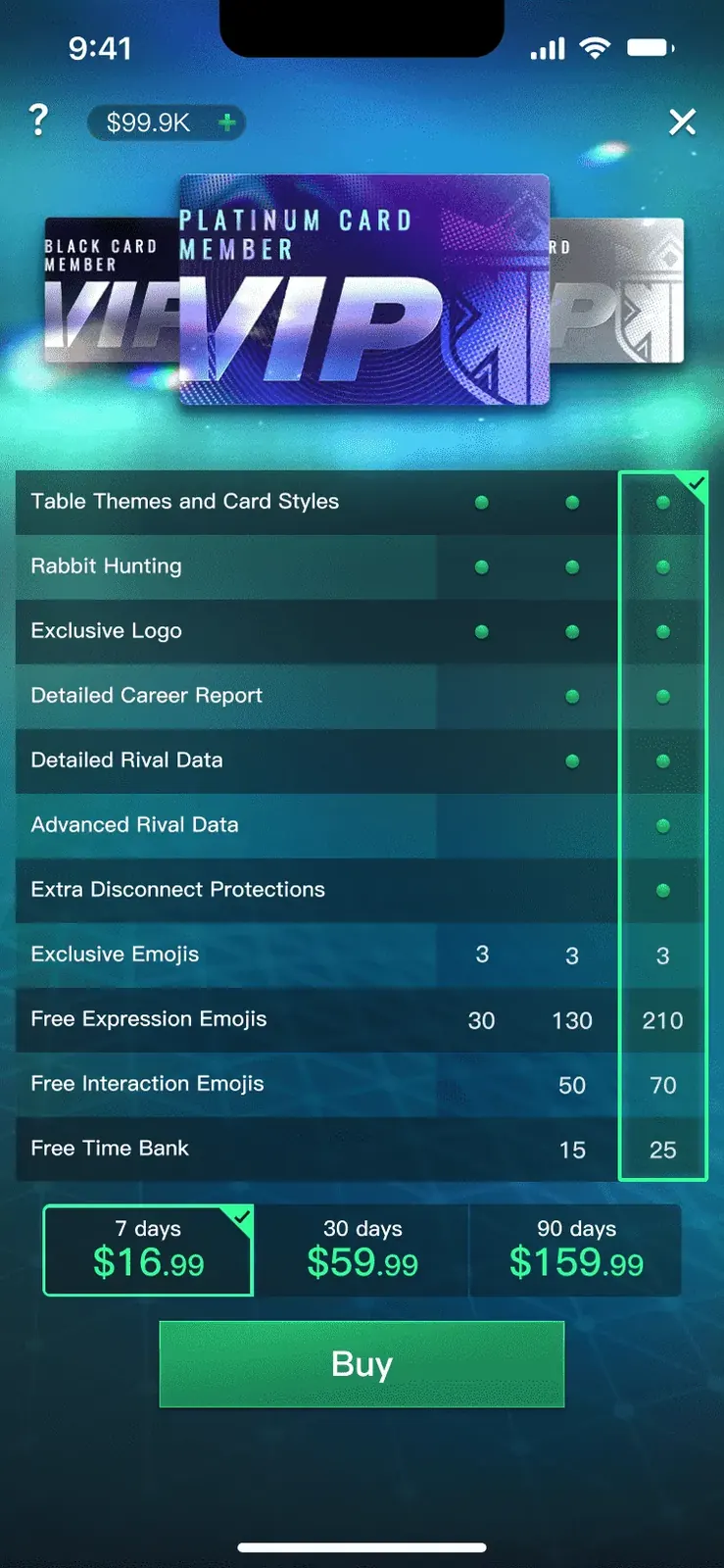 VIP purchase screen with benefit comparison matrix