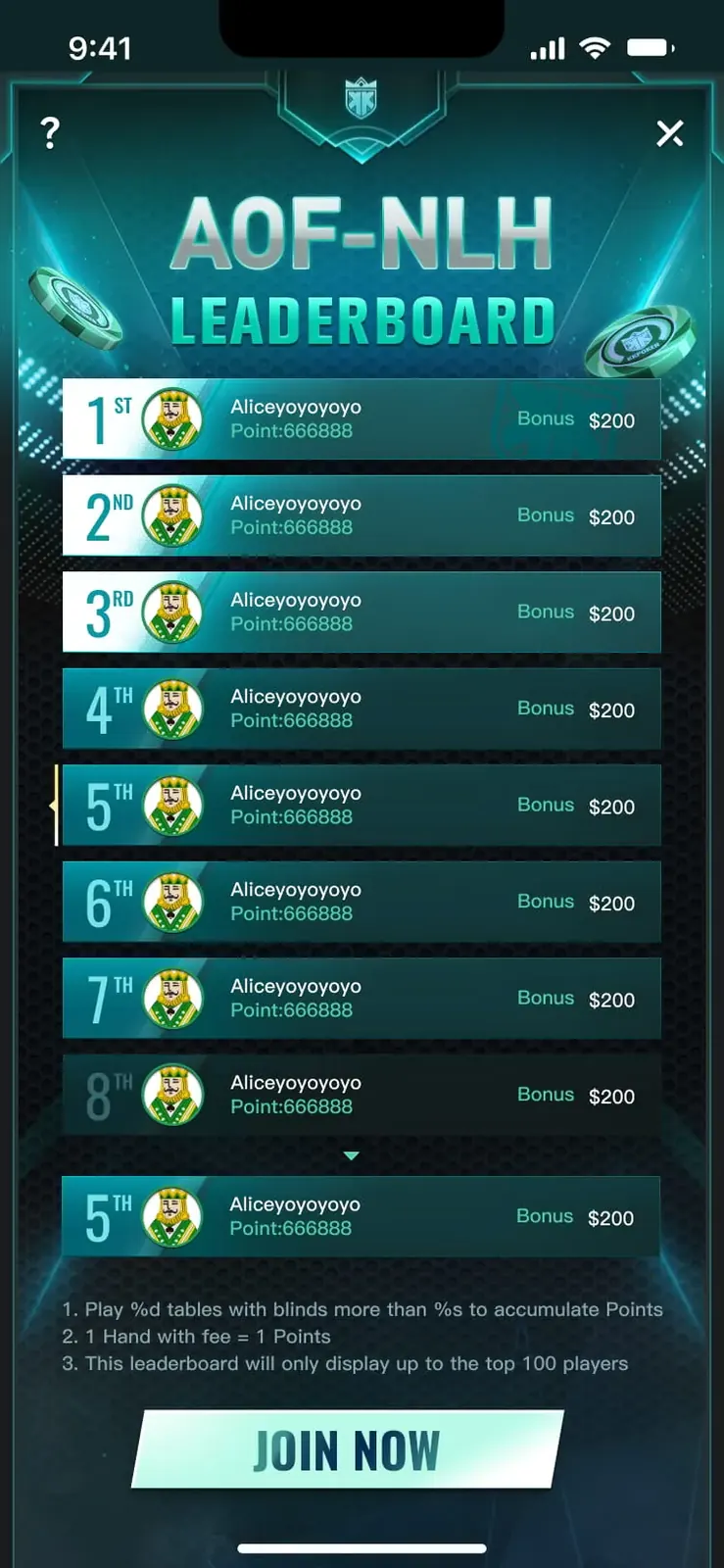 AOF NLH leaderboard ranking popup