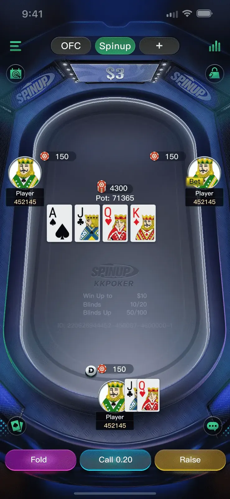 SpinUp mid-hand at three dollar tier