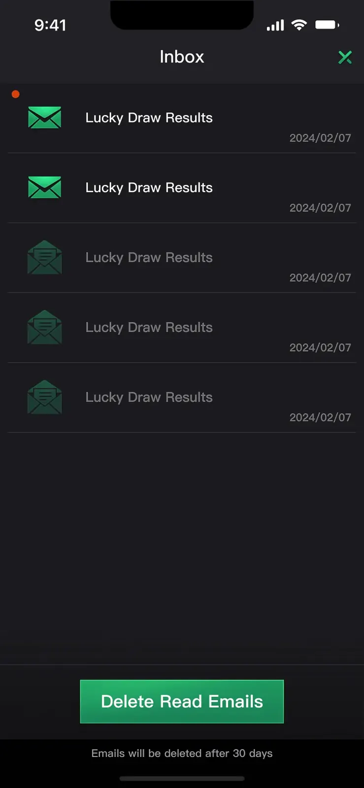 Inbox with read and unread rows