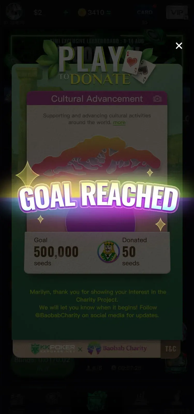 Goal reached overlay with thank-you message