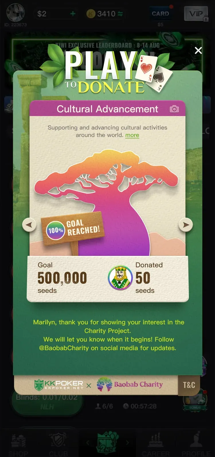 Cultural Advancement completed card, orange tree