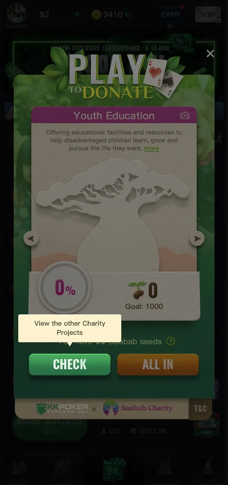 Onboarding tooltip pointing at the CHECK button