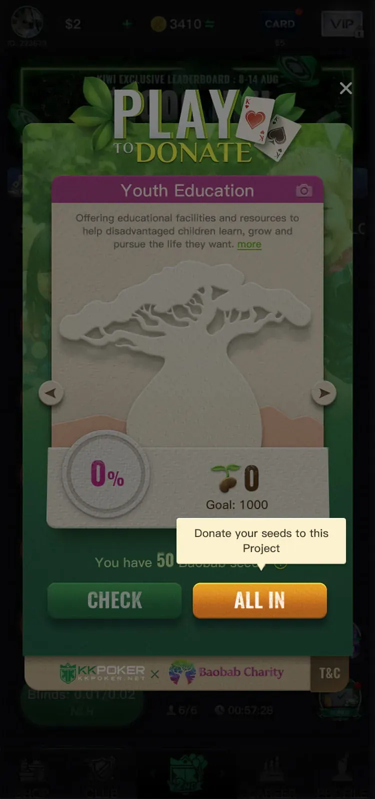 Onboarding tooltip pointing at the ALL IN button