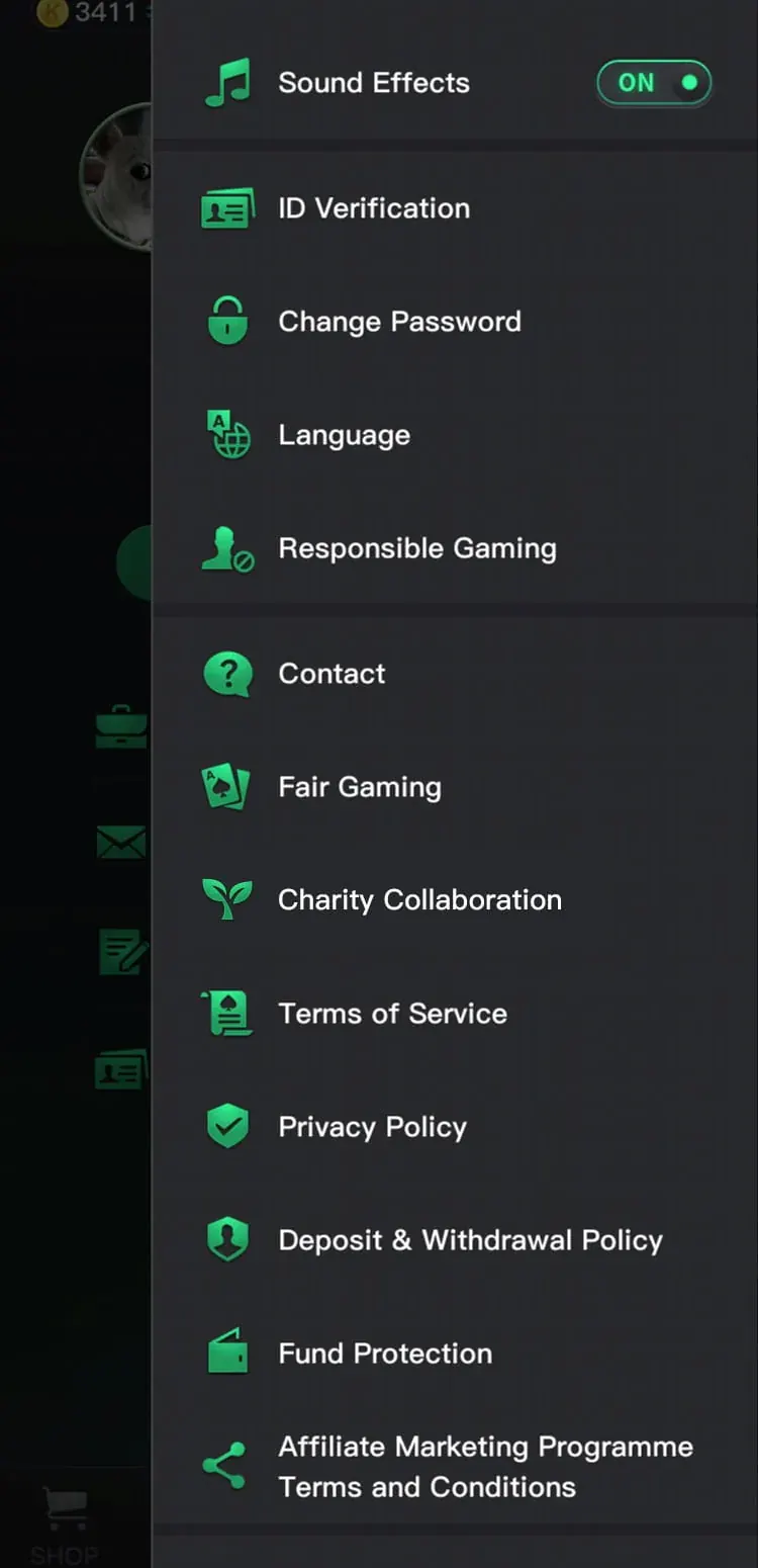 Settings menu with Charity Collaboration entry