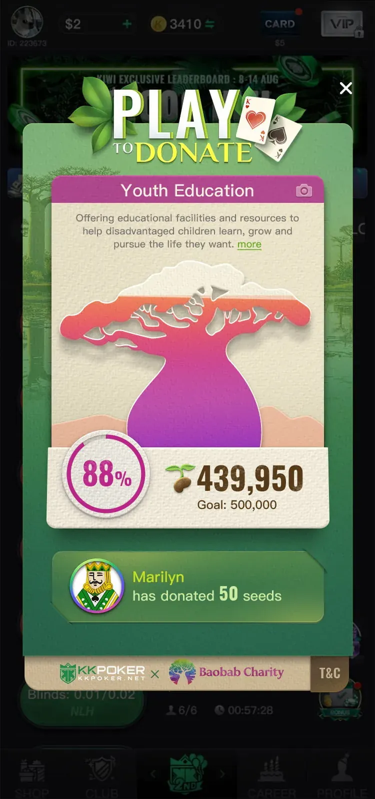 Card acknowledging the player's donation