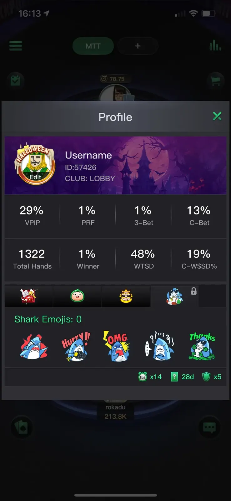 Player stats popup with event emoji rewards