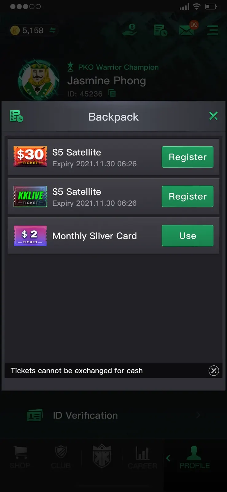Backpack inventory with won tickets