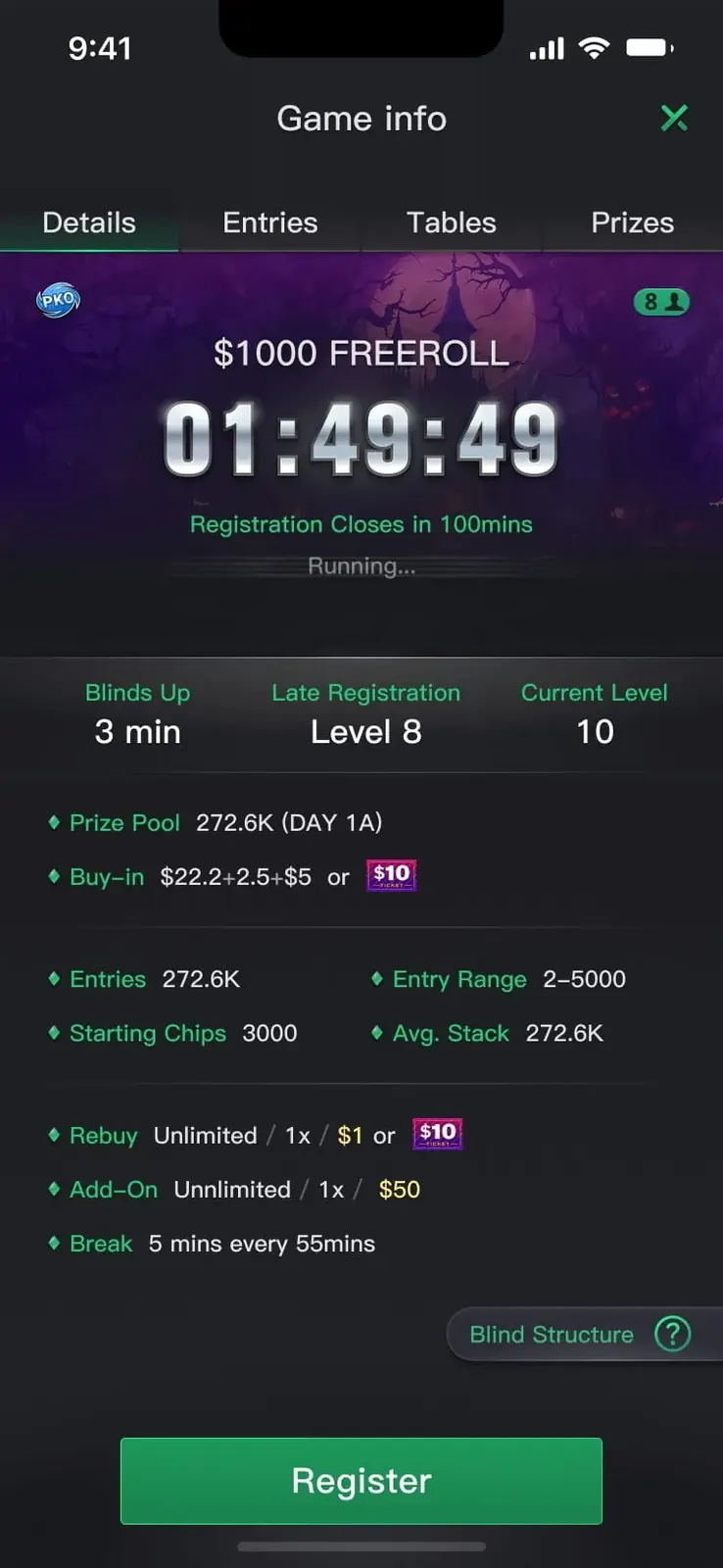 Tournament game info screen with Halloween header