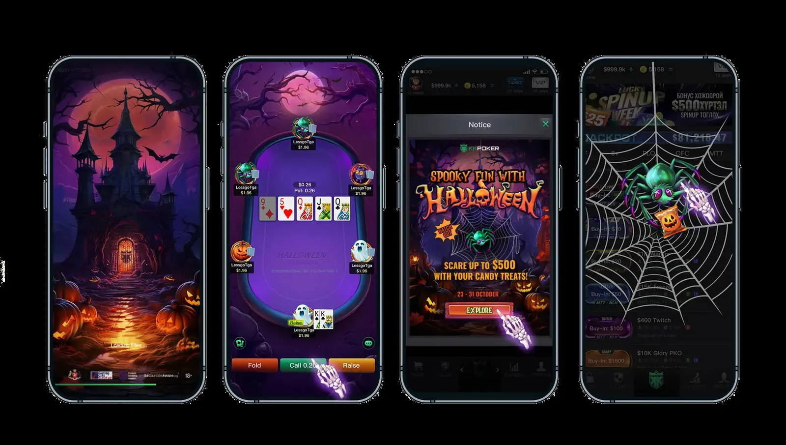 Four-phone showcase board — splash art, themed table, notice popup and spider ambush