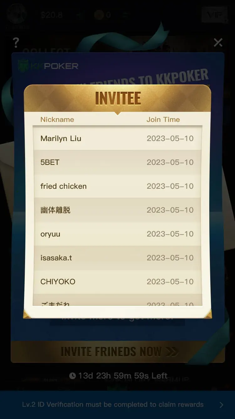 Invitee list overlay with nicknames and join dates