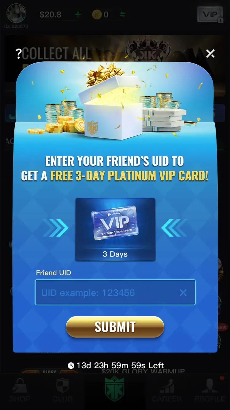 Invitee UID redemption screen with VIP card reward