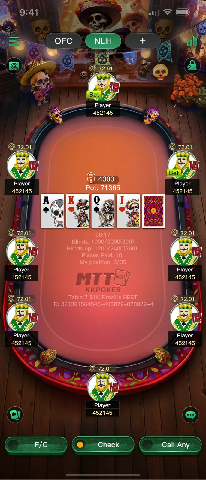 Full eight-seat ring with themed community cards