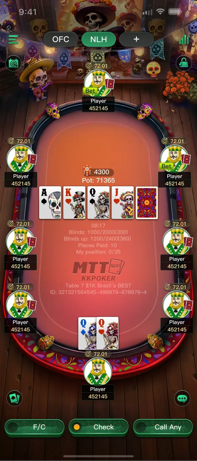 Hole cards revealed showing custom skeleton queens