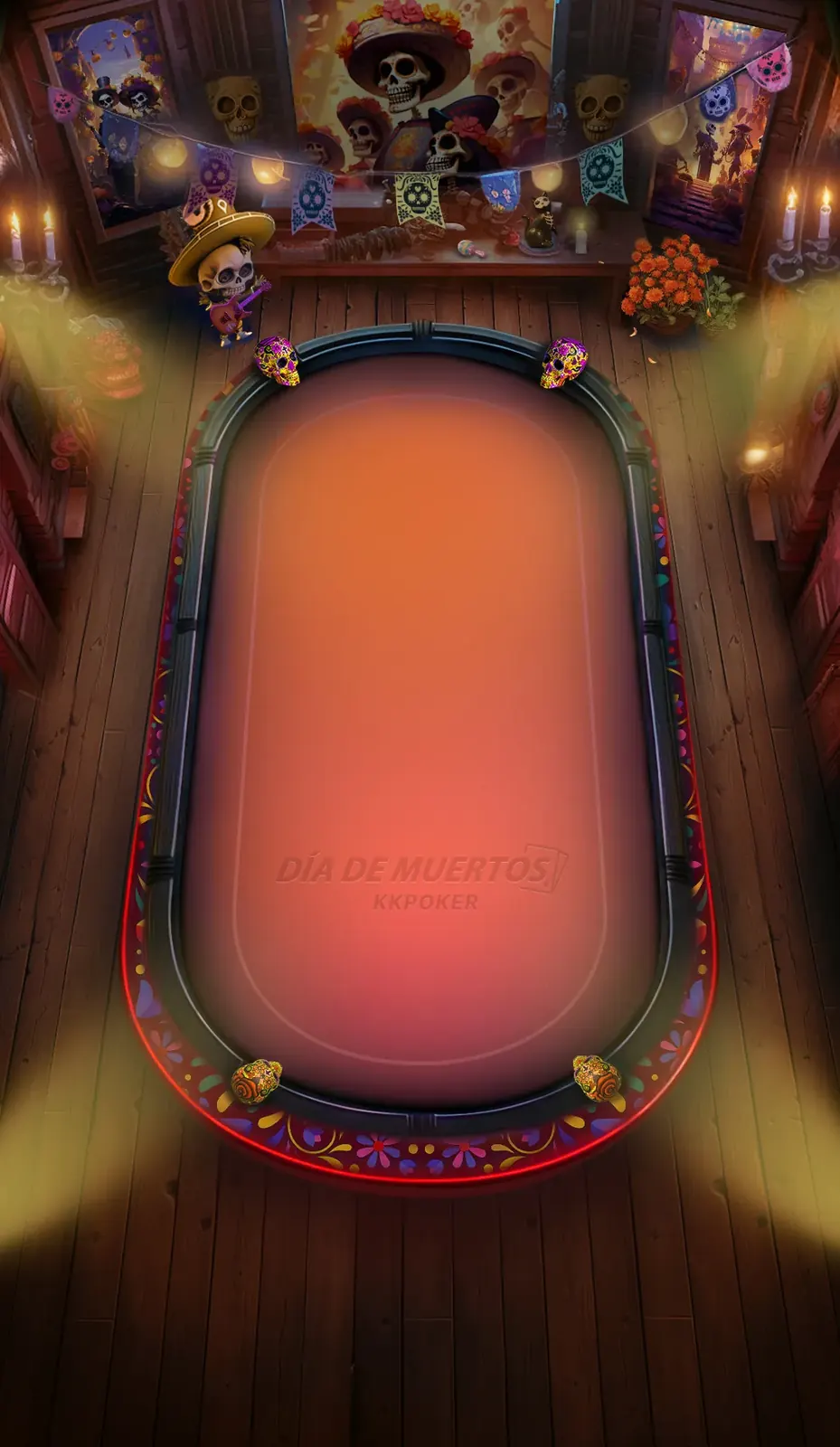 Table layer added — red folk-art table with felt watermark