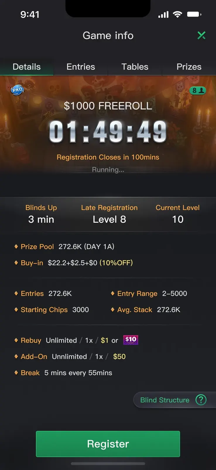 Tournament game info popup with themed banner