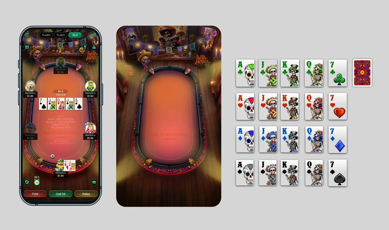 Día de Muertos presentation board — gameplay mock, table render and full deck