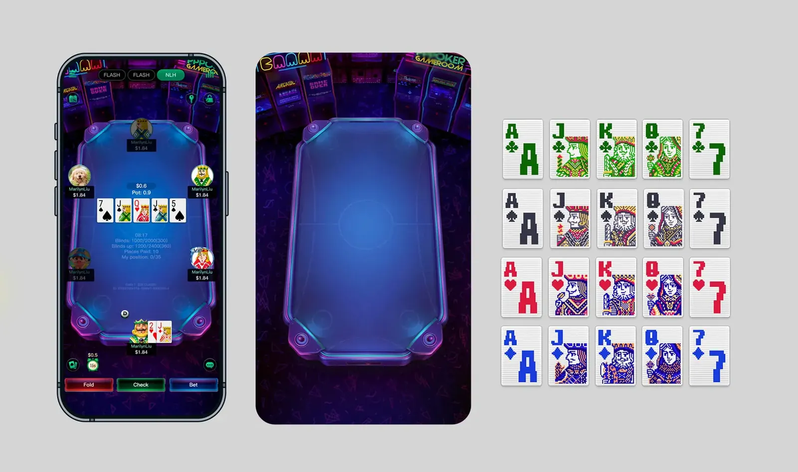 Retro arcade neon theme board with pixel-art deck